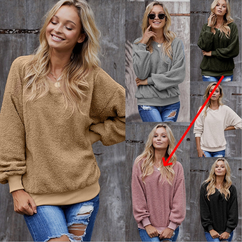 Autumn And Winter New Solid Color Pullover Round Neck Long Sleeves Women's Tops Loose Casual