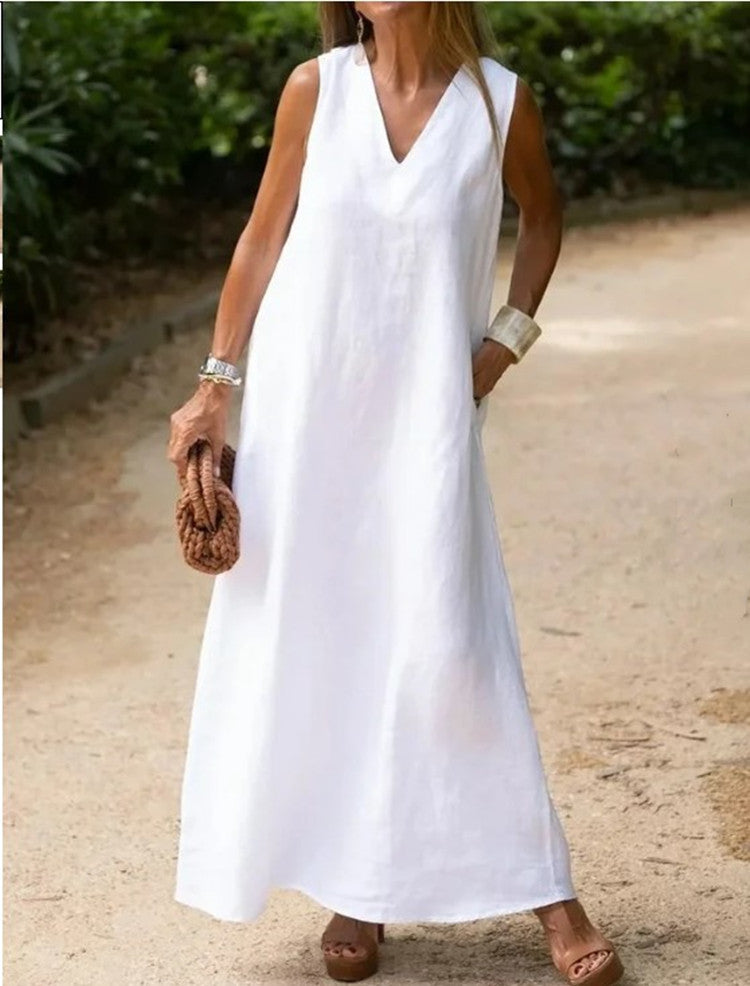 Plus Size White Cotton Linen Dress