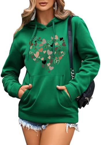 Women's Pattern Hoodie Heart Shape Printed Drawstring Pullover Top