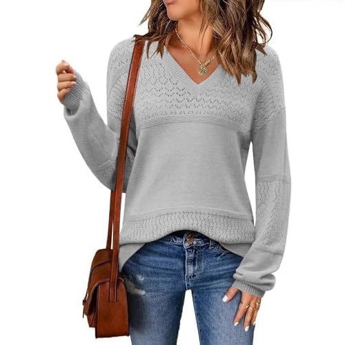 V-neck Hollow-out Pullover Knitted Rib Sweater