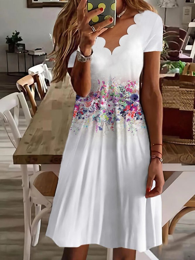 Printed Fluted Collar Short Sleeve Mid-length Dress