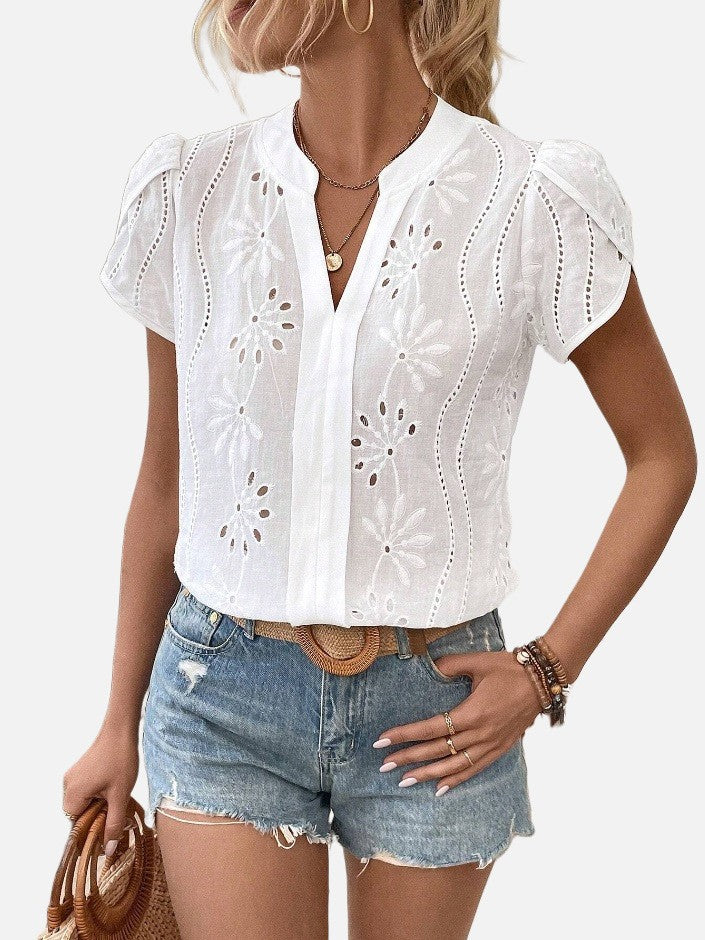 Women's Solid Color Hollow Embroidered Top