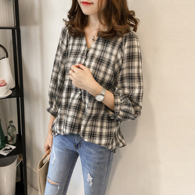 Korean Style Loose Lantern Sleeve Plaid Shirt