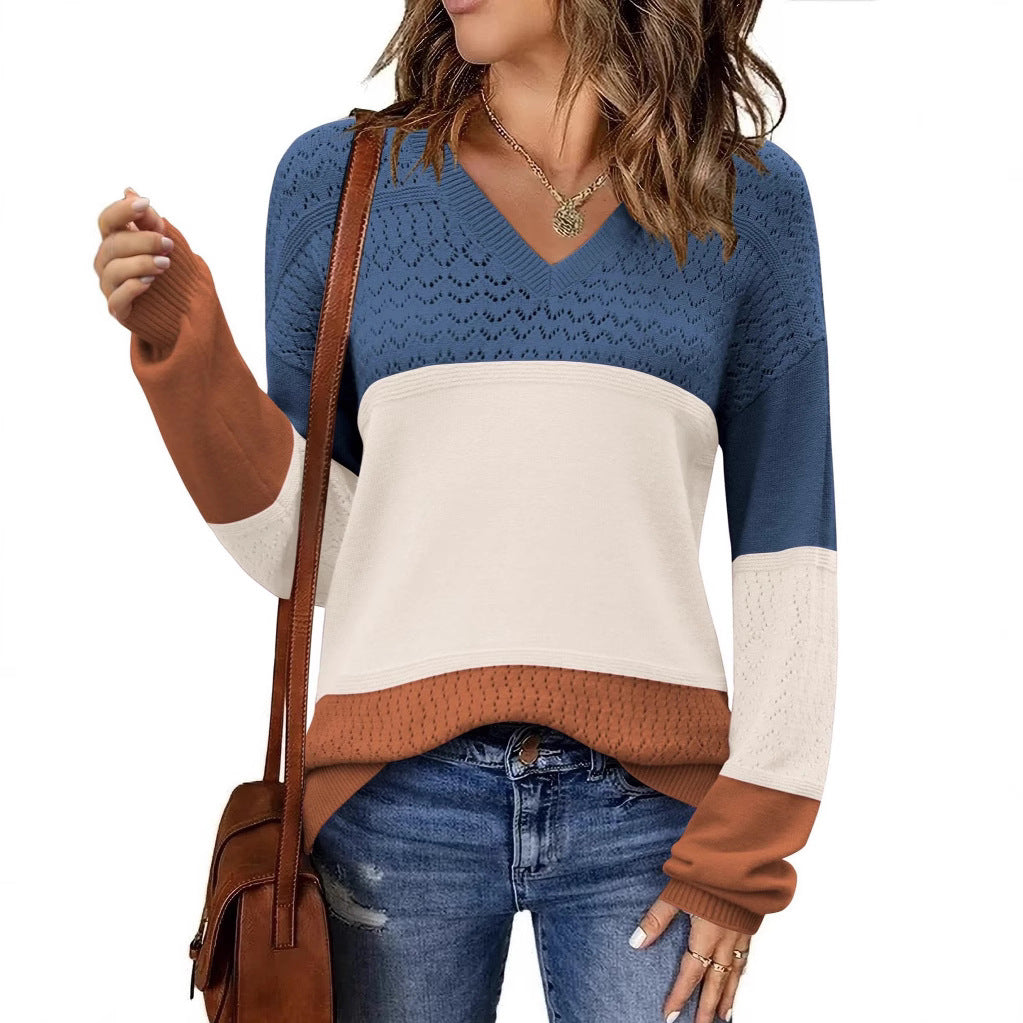 V-neck Hollow-out Pullover Knitted Rib Sweater