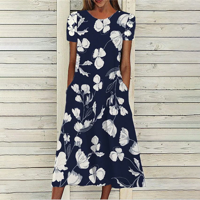 Floral Print Round Neck Short Sleeve Pocket Dress