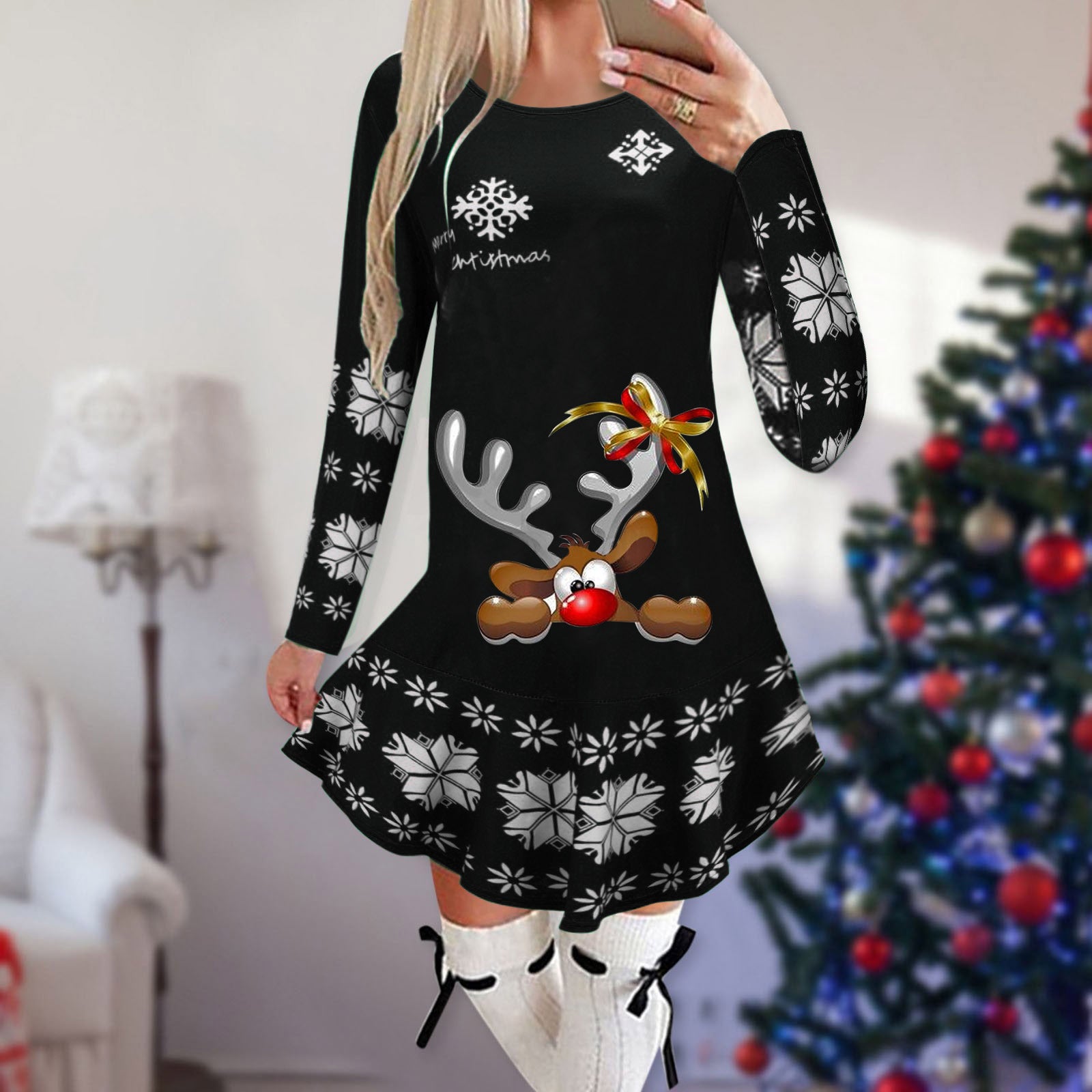 Christmas Snowflake Elk Printing Slimming Dress