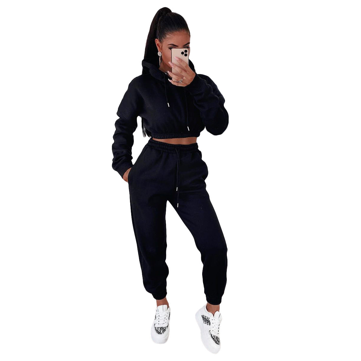 Women's Autumn And Winter Velvet Padded Hooded Sweatshirt Casual Two-piece Suit Suit