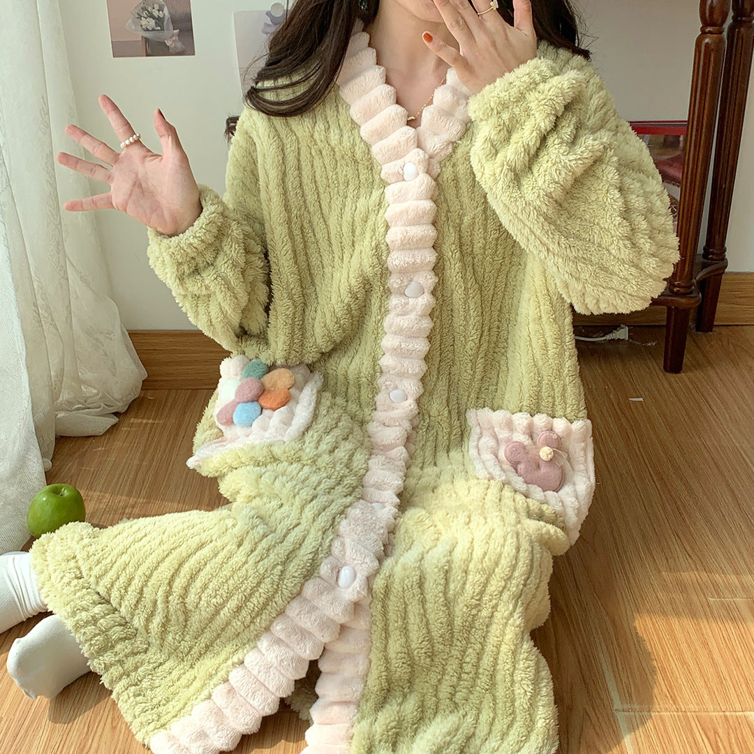 Winter Coral Fleece Women's Cardigan Long-sleeved Pajamas