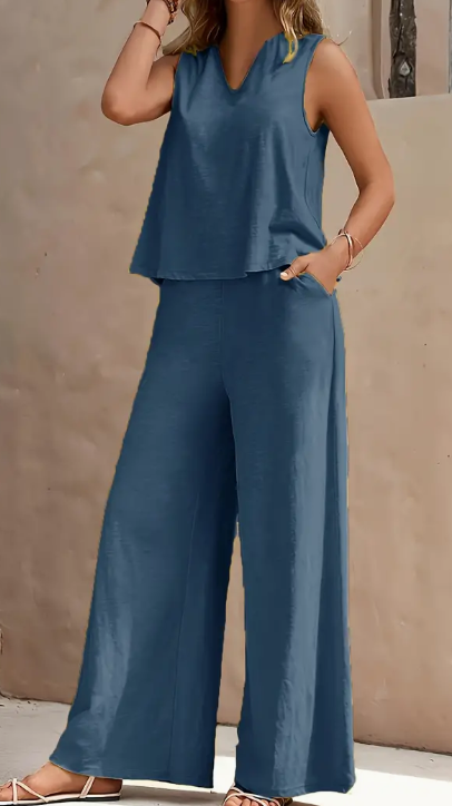 Vibrant Solid Color Casual Pants Set - V Neck Sleeveless Tank Top, Wide Leg Pants With Pocket, Polyester Fabric, Machine Washable - Perfect For Summer, All Season Wear