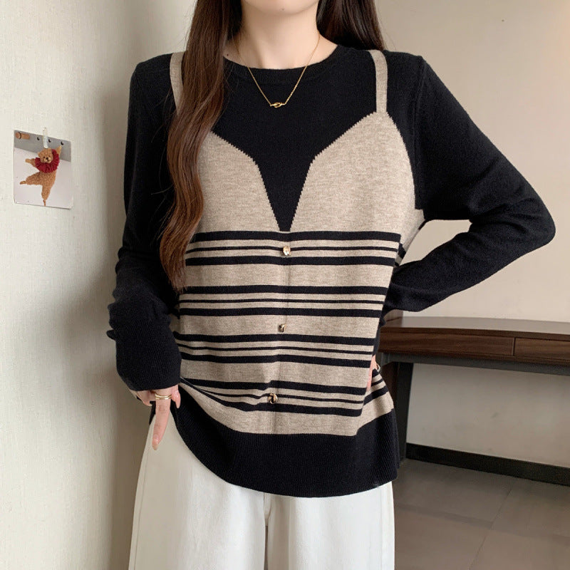 Plus Size Contrast Color Striped Fake Two Pieces Sweater