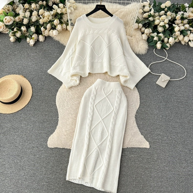 Loose Cable-knit Sweater Women's Cinched Bodycon Sheath Skirt Two-piece Dress Of Knitted Sweater