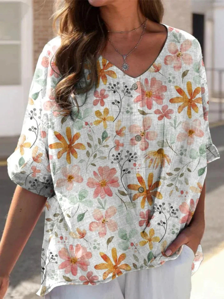 Printed V-neck 5 Points Drop-shoulder Sleeve Cotton And Linen Loose Casual Shirt