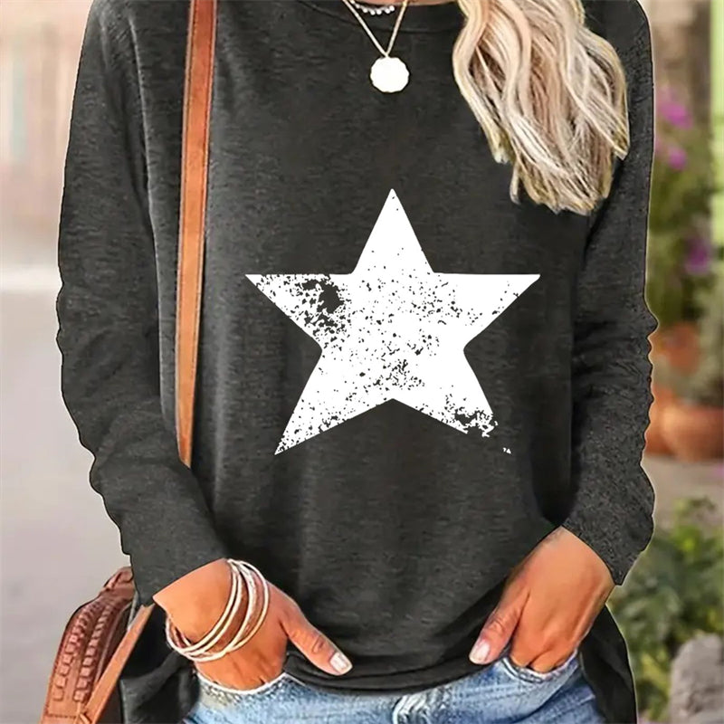 Spring And Autumn Women Casual Simple Pattern Printed Round Neck Long Sleeve T-shirt