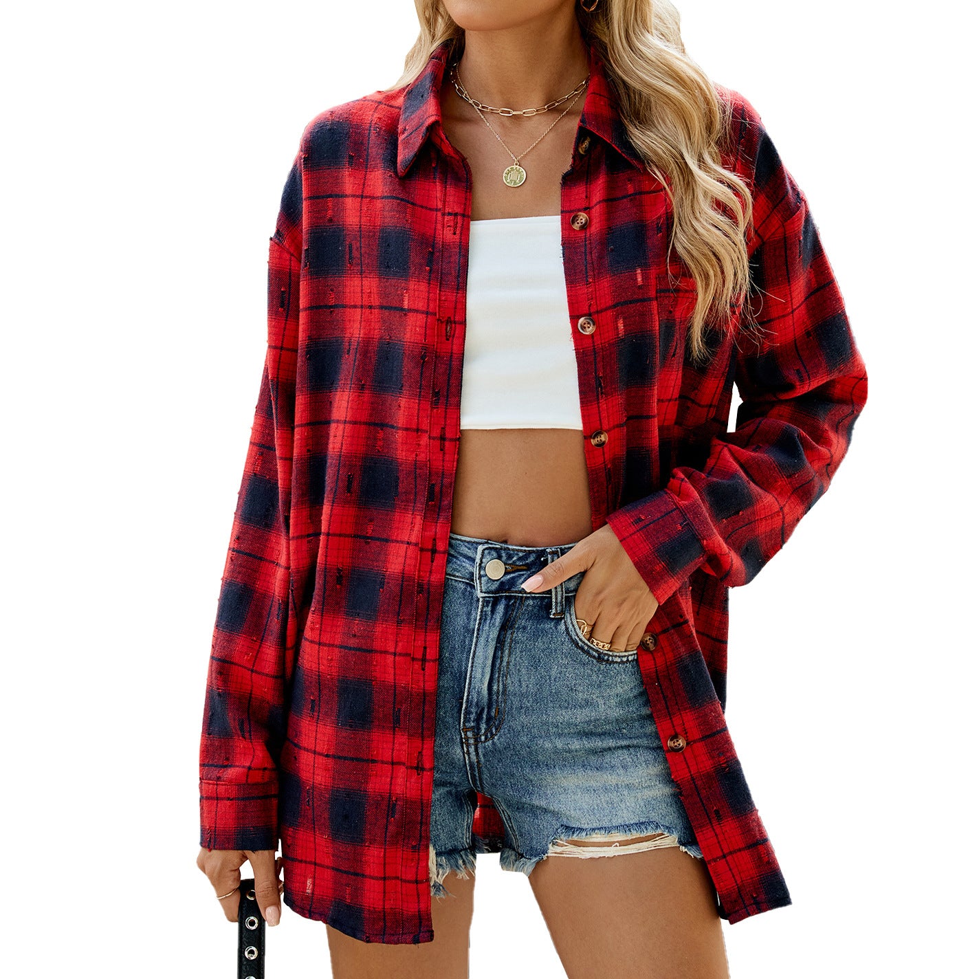 Fashion Retro Long Sleeve Loose Lapels Plaid Women