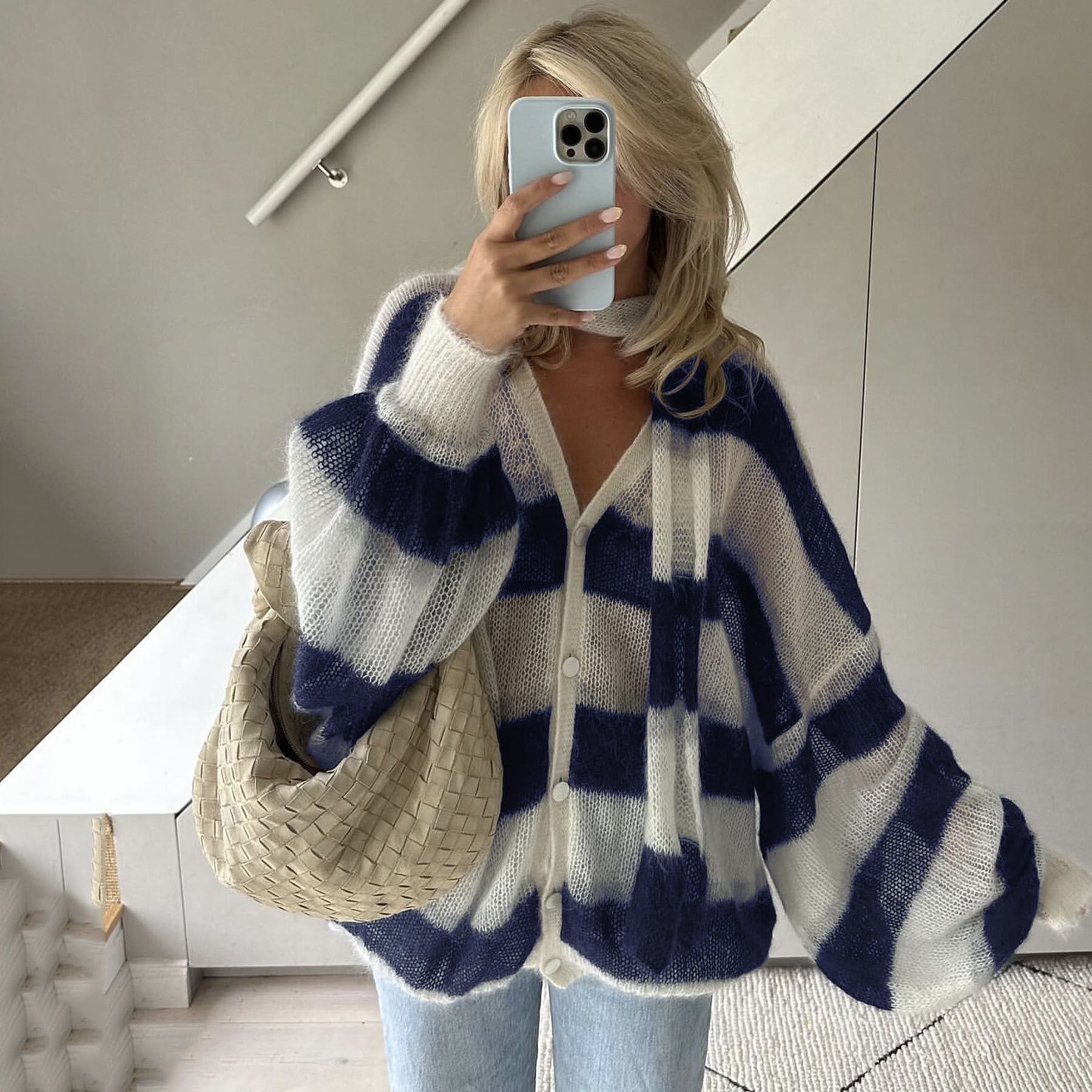 Loose And Idle Striped Sweater Cardigan With Scarf