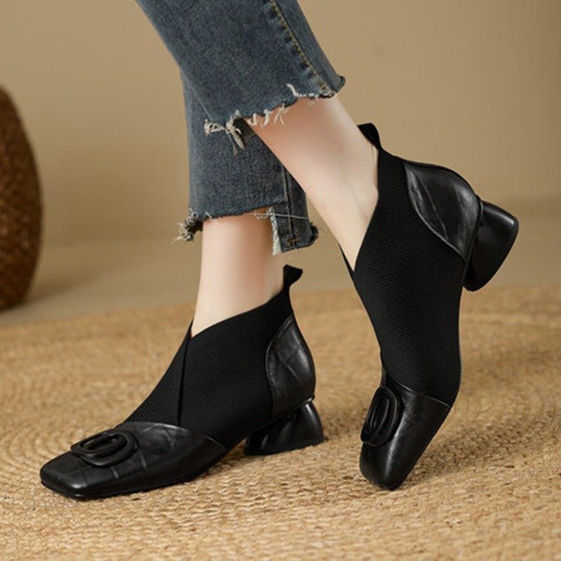 Soft Leather Retro Chunky Heel Women's Shoes