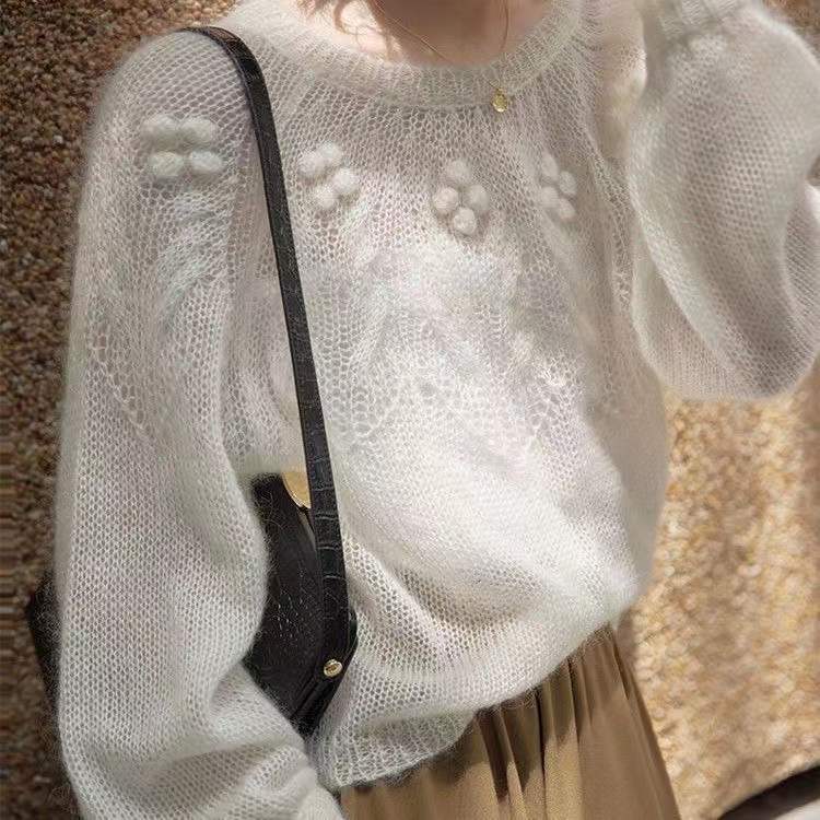 Retro High-grade White Mohair Sweater For Women