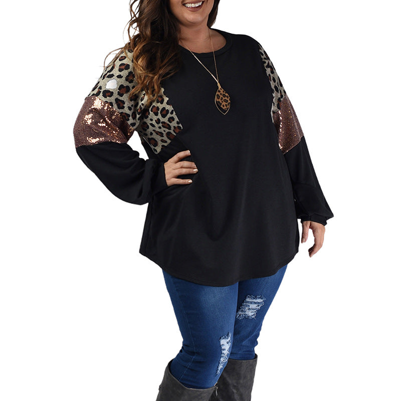 Plus Size Loose Slim Fit Leopard Floral Print Long Sleeve Pullover