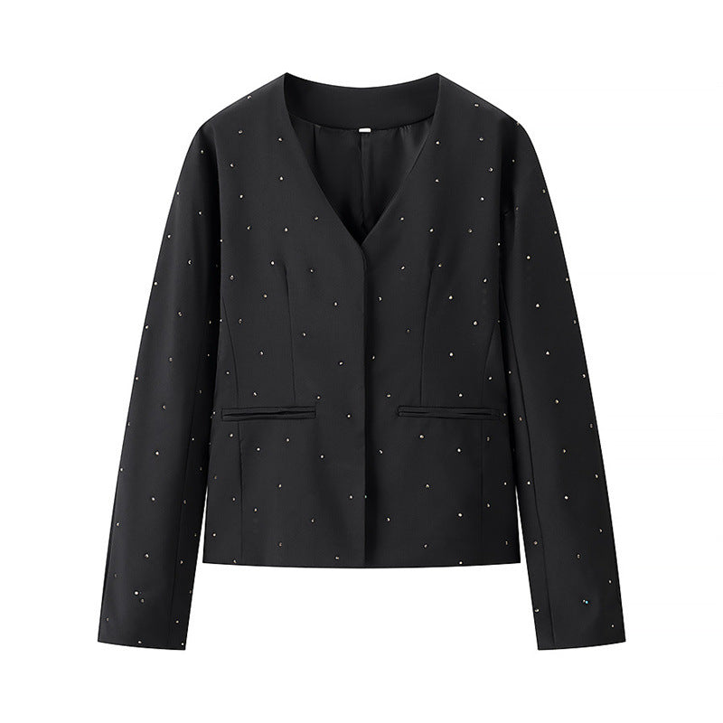 Stylish Simple And Versatile Loose V-neck Diamond Jacket