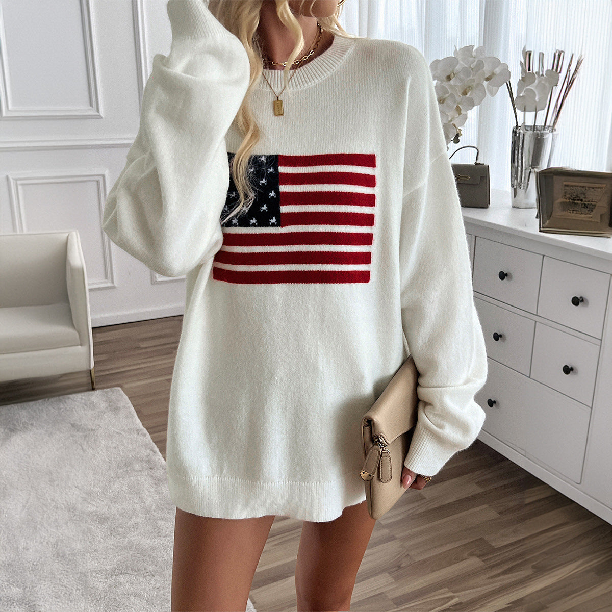 Women's Casual Loose Yarn-dyed Independence Day Long-sleeved T-shirt Top