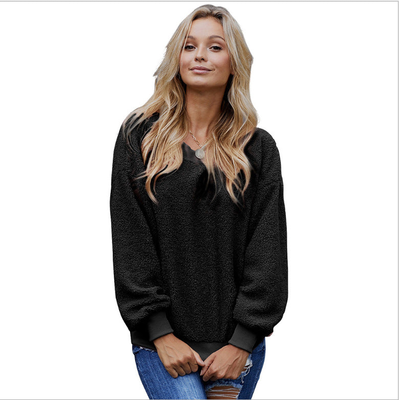 Autumn And Winter New Solid Color Pullover Round Neck Long Sleeves Women's Tops Loose Casual