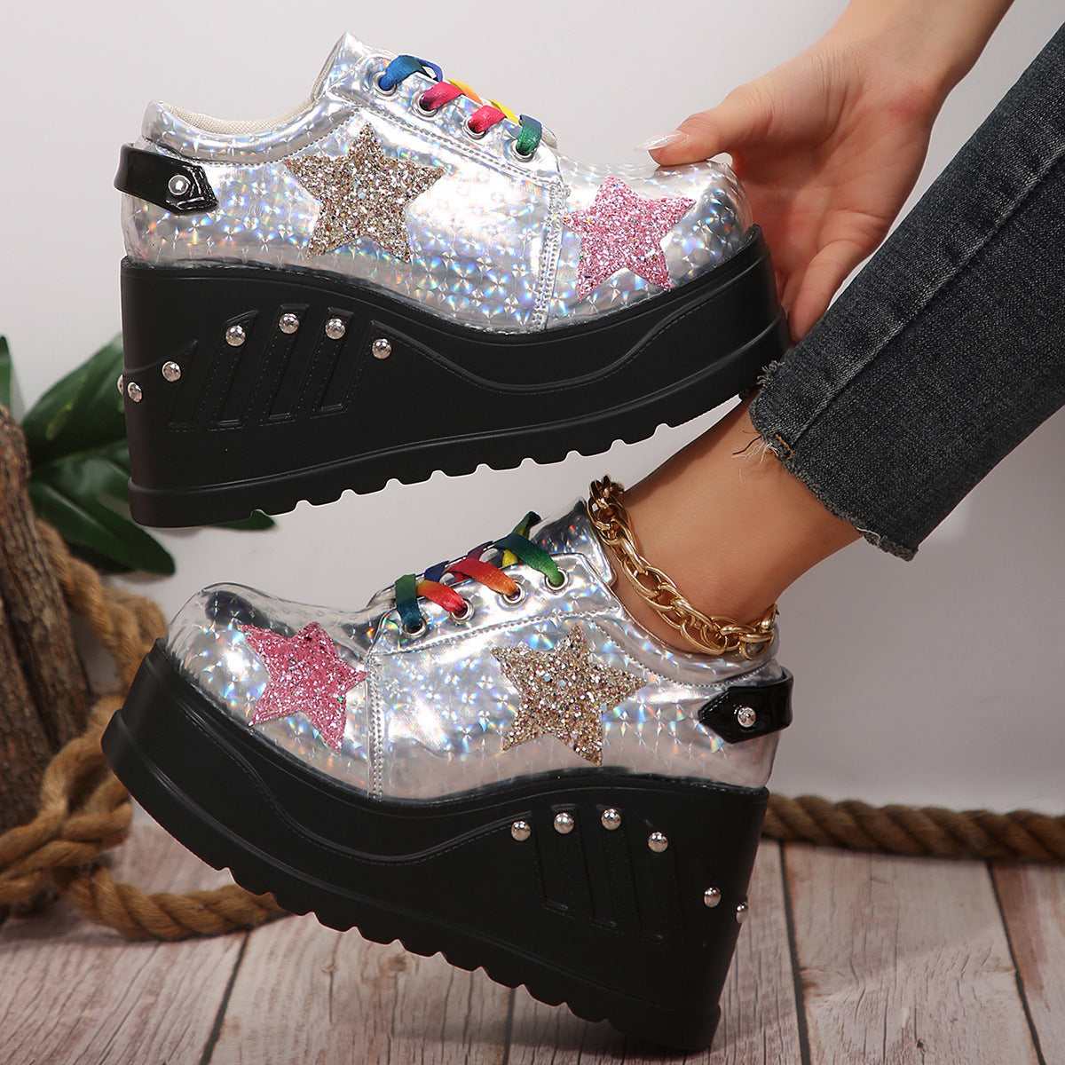 Punk Shiny Leather Rivet Thick Sole Casual Platform Shoes