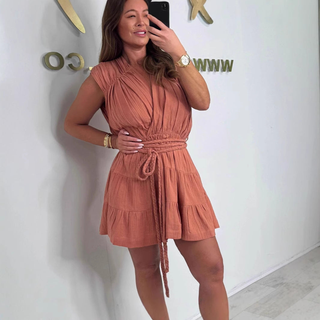 Elegant Solid Color Stringy Selvedge Waist Crew Neck Sleeveless Dress