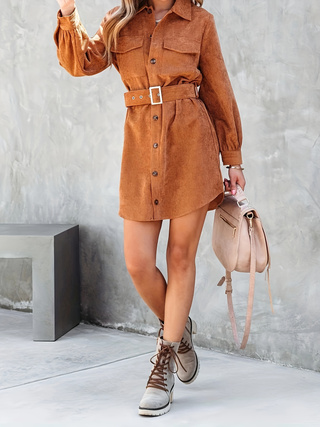 High Elastic Corduroy Long Sleeve Loose Casual Long Cardigan Shirt Dress For Women