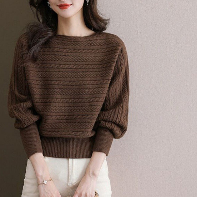 Autumn And Winter Boat Collar Loose-fitting Batwing Sleeve Shirt Knitted Top