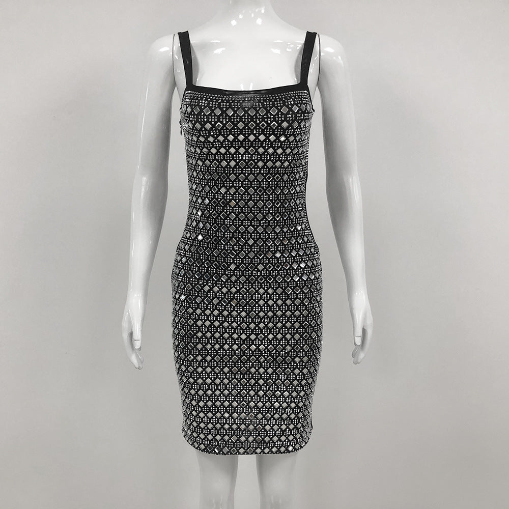 Rhinestone Mesh Sling Short Dress