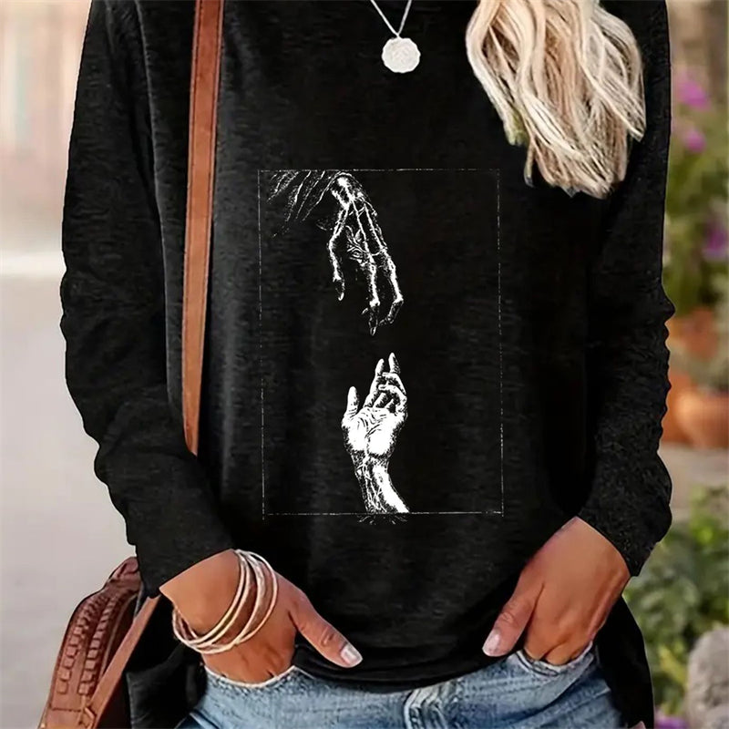 Spring And Autumn Women Casual Simple Pattern Printed Round Neck Long Sleeve T-shirt