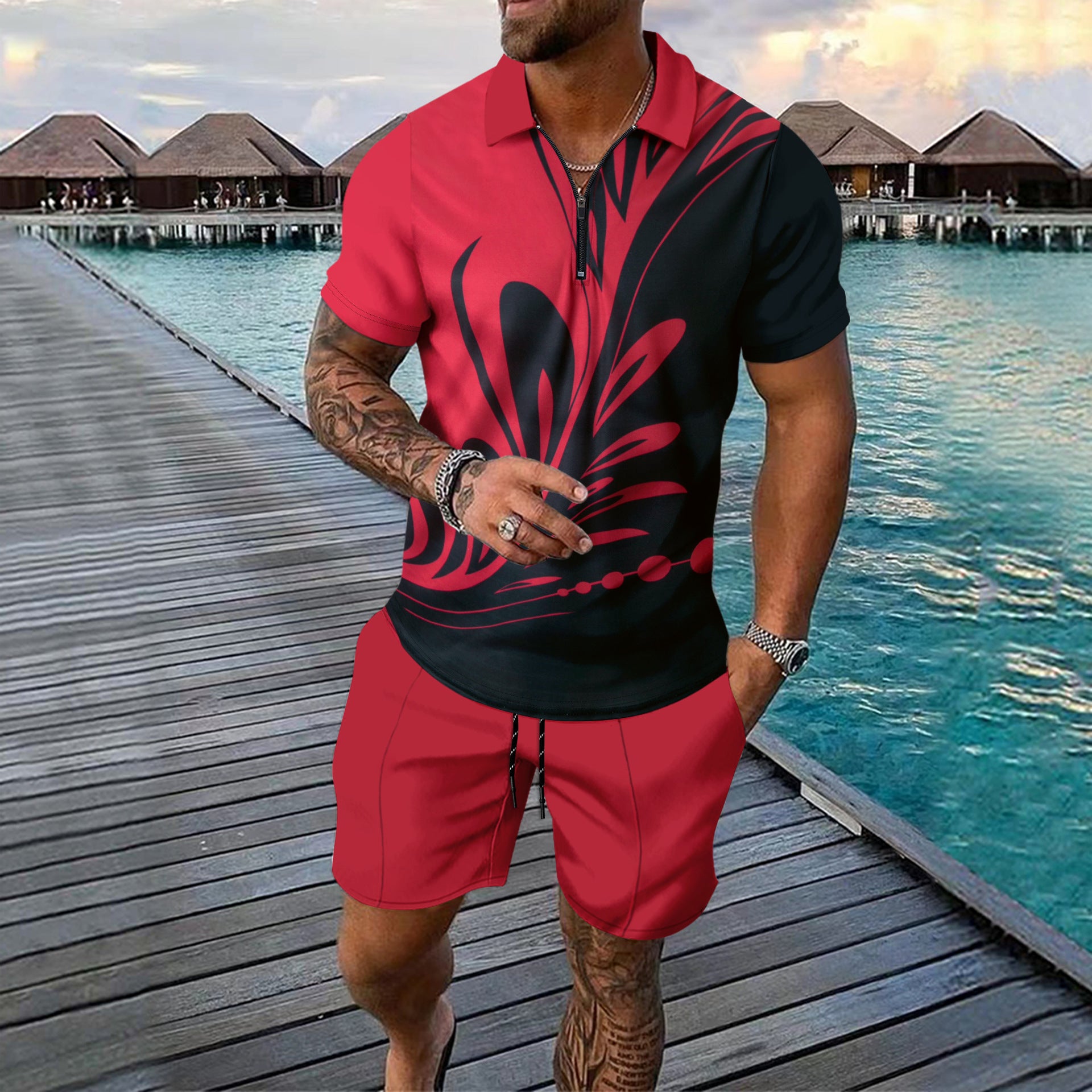 Men's Leaf Printed Short-sleeved Shorts