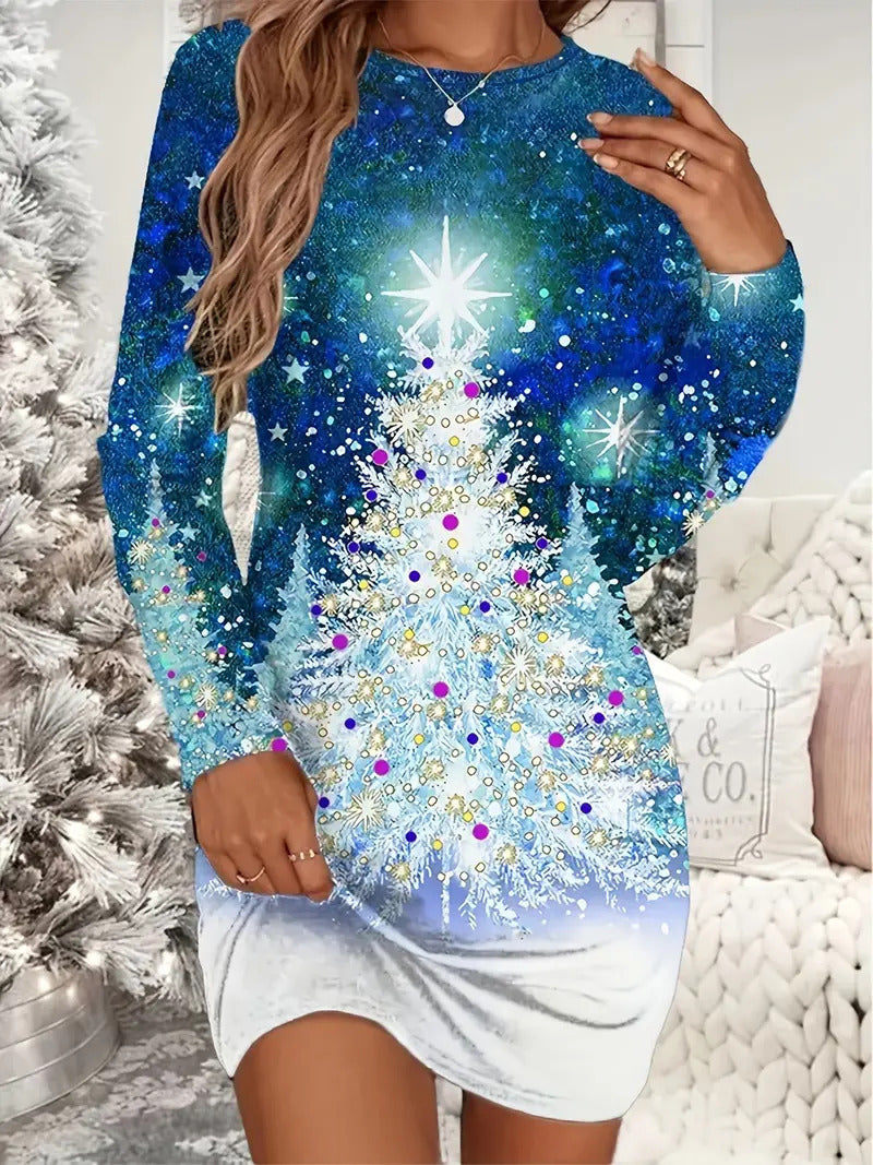 Women's Christmas Snowman Printed Round-neck Long-sleeved Dress