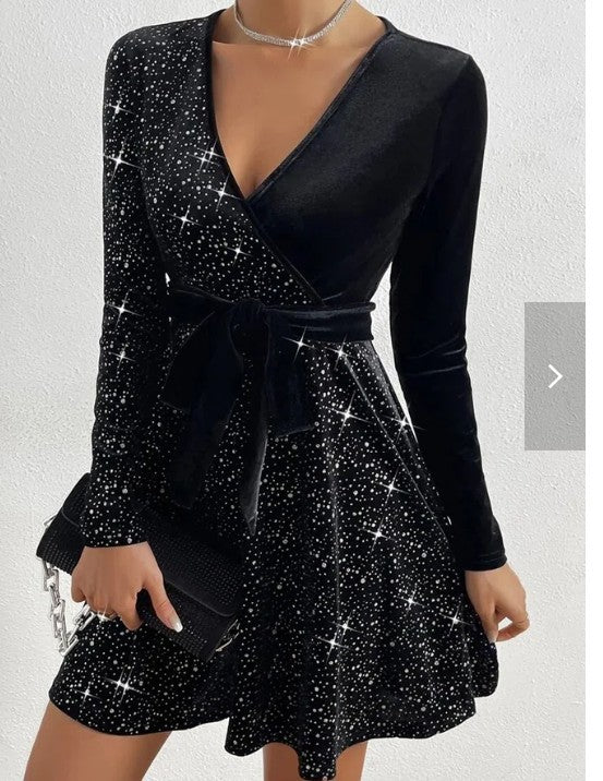 Solid Color Sequined Velvet Dress