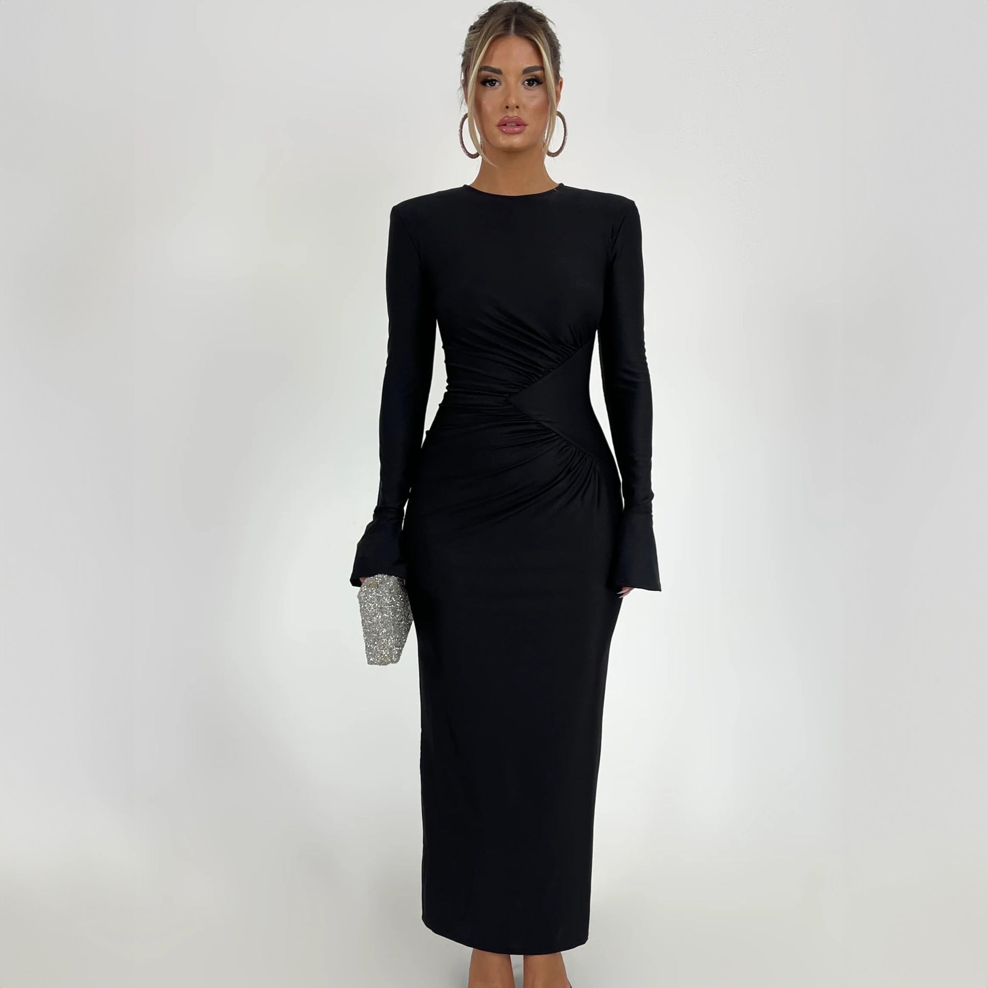 New Fashion Solid Color Round Neck Personalized Pleated Slim Fit Long Sleeve Dress