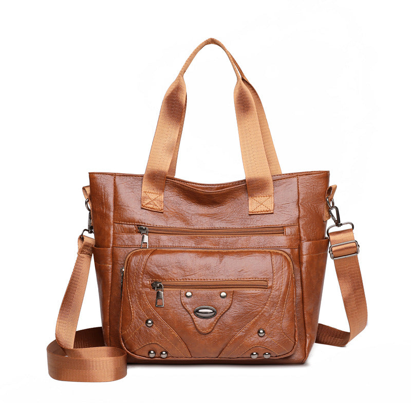 Large Capacity Soft Leather Washed Leisure Commute Shoulder Bag