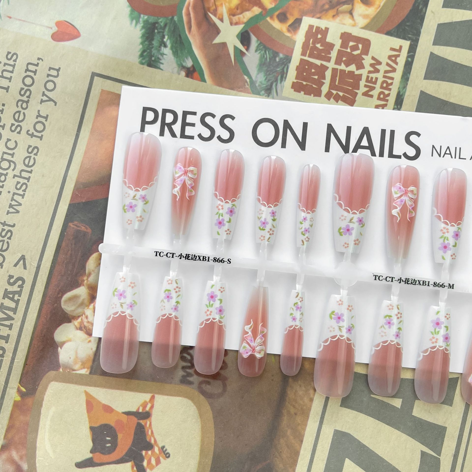 Small Floral Wear Prefabricated Nail Tip Long Ladder Velvet Seal Layer White