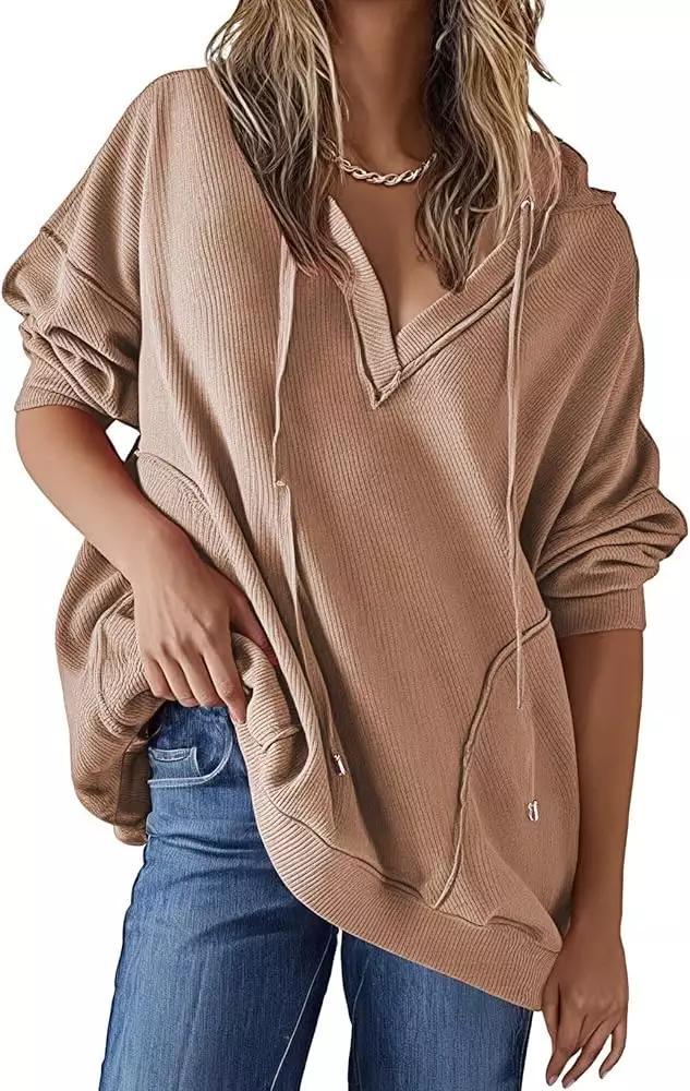 Women's V-neck Waffle Solid Color Long-sleeved Hoodie