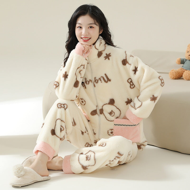 Outerwear Fleece-lined Thick Style Homewear Long-sleeve Suit