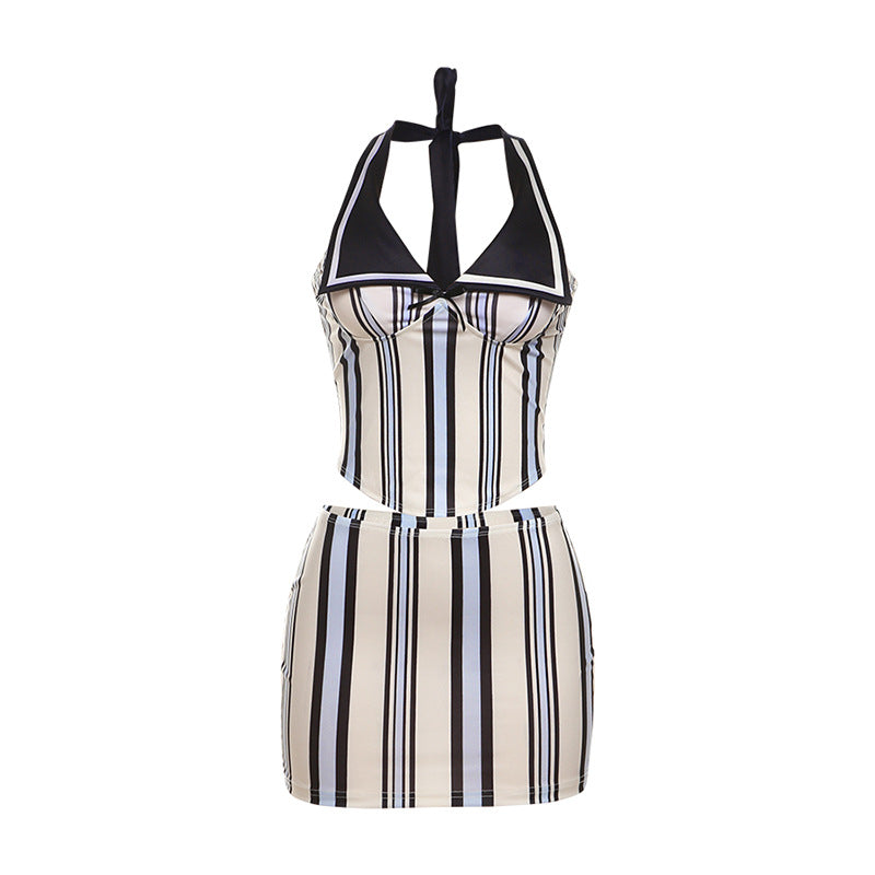 Sleeveless Halter Striped Contrast Color Hip Skirt Suit