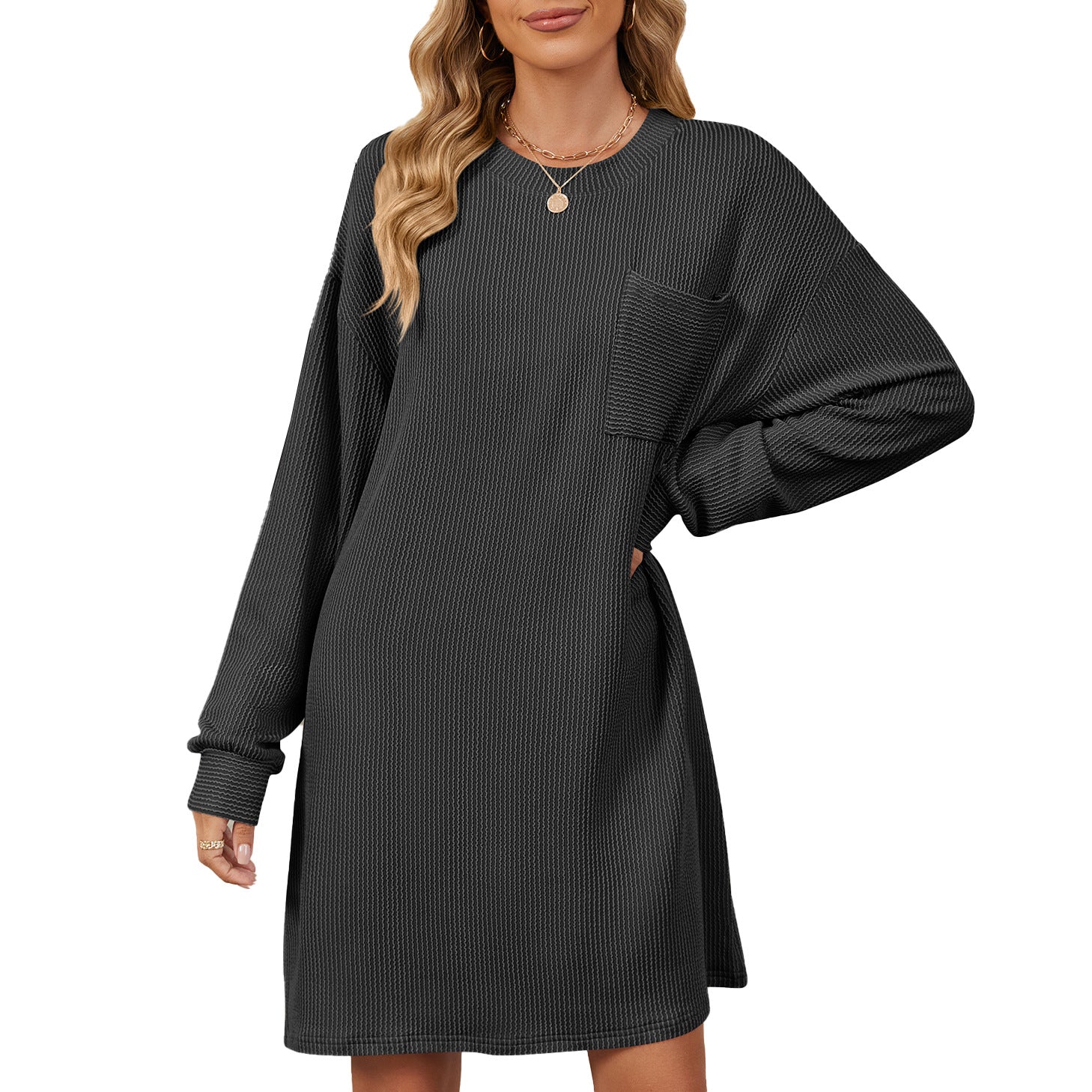 Round Neck Striped Pocket Loose Long Sleeve Dress