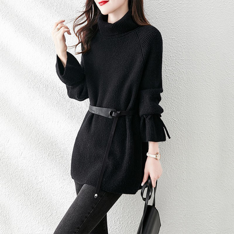 Fashion Design Sense Loose High Collar Lace-up Women's Mid-length Waist Slimming Sweater