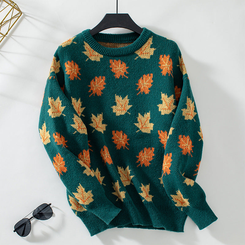 Sweater Female Maple Leaf Pattern Jacquard Leisure Pullover